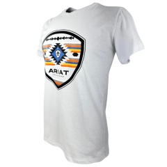 Camiseta Masculina Ariat Manga Curta Branco Com Logo Preto Azul E Laranja