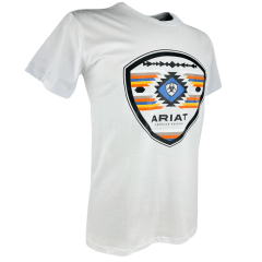 Camiseta Masculina Ariat Manga Curta Branco Com Logo Preto Azul E Laranja