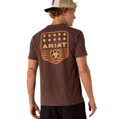 Camiseta Masculina Ariat Manga Curta Marrom Mescla Estampa Logo Laranja Frente E Costas REF:10073963