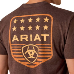 Camiseta Masculina Ariat Manga Curta Marrom Mescla Estampa Logo Laranja Frente E Costas REF:10073963