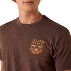 Camiseta Masculina Ariat Manga Curta Marrom Mescla Estampa Logo Laranja Frente E Costas REF:10073963