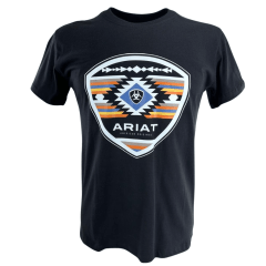 Camiseta Masculina Ariat Manga Curta Preto Com Logo Branco Azul Amarelo E Laranja