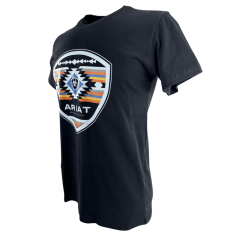 Camiseta Masculina Ariat Manga Curta Preto Com Logo Branco Azul Amarelo E Laranja