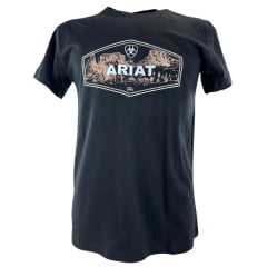 Camiseta Masculina Ariat Manga Curta Preto Com Logo Branco E Bege