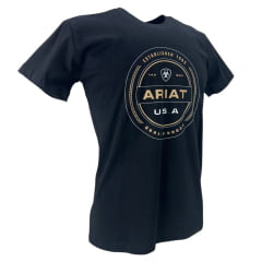Camiseta Masculina Ariat Manga Curta Preto Com Logo Estampado Creme e Usa Branco