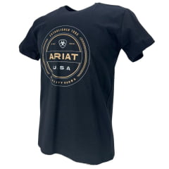 Camiseta Masculina Ariat Manga Curta Preto Com Logo Estampado Creme e Usa Branco