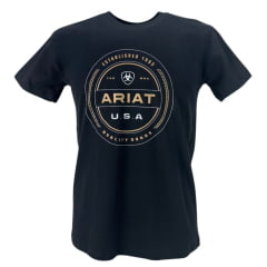 Camiseta Masculina Ariat Manga Curta Preto Com Logo Estampado Creme e Usa Branco