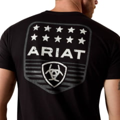 Camiseta Masculina Ariat Manga Curta Preto Estampa Logo Branco Frente E Costas REF:10073966