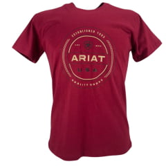 Camiseta  Masculina Ariat Manga Curta Vermelho Bordô Com Logo Estampado Creme e Usa Preto