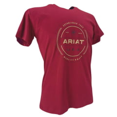 Camiseta  Masculina Ariat Manga Curta Vermelho Bordô Com Logo Estampado Creme e Usa Preto
