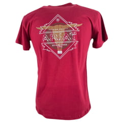 Camiseta Masculina Ariat Manga Curta Vermelho Bordô Com Logo Estampado Frente E Costas Branco Marrom