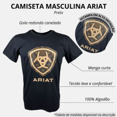 Camiseta Masculina Ariat Preta Manga Curta Com Logo Em Bege