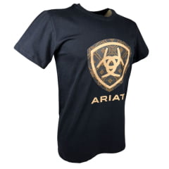 Camiseta Masculina Ariat Preta Manga Curta Com Logo Em Bege