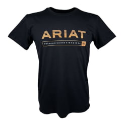 Camiseta Masculina Ariat Preta Manga Curta Com Logo Laranja Listrado Since 1993