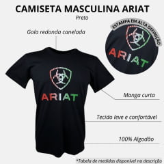 Camiseta Masculina Ariat Preta Manga Curta Com Logo Listrado Vermelho/Branco/Verde