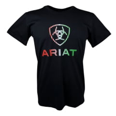 Camiseta Masculina Ariat Preta Manga Curta Com Logo Listrado Vermelho/Branco/Verde