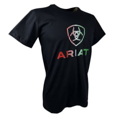 Camiseta Masculina Ariat Preta Manga Curta Com Logo Listrado Vermelho/Branco/Verde