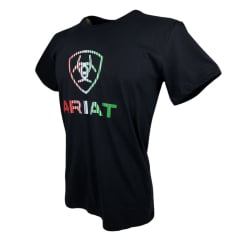 Camiseta Masculina Ariat Preta Manga Curta Com Logo Listrado Vermelho/Branco/Verde