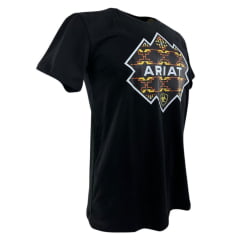 Camiseta Masculina Ariat Preto Com Logo Estampado Branco/Laranja e Amarelo
