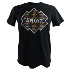 Camiseta Masculina Ariat Preto Com Logo Estampado Branco/Laranja e Amarelo