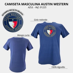 Camiseta Masculina Austin Western Manga Curta Azul Marinho C/ Estampa Bordada em Amarelo Apparel Brand Ref: 01225