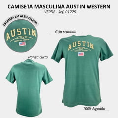 Camiseta Masculina Austin Western Manga Curta Verde Escuro C/ Estampa Bordada Creme Ref: 01225