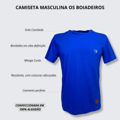 Camiseta Masculina Básica Os Boiadeiros Azul Royal 100% Algodão Com Logo Branco