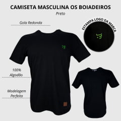 Camiseta Masculina Básica os Boiadeiros Preta 100% Algodão Com Logo Verde