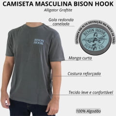 Camiseta Masculina Bison Hook Alligator Manga Curta Grafite Logo Estampado Cinza e Preto Frente Costas