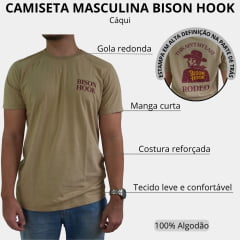 Camiseta Masculina Bison Hook Manga Curta Caqui Logo Estampado Vermelho Frente E Costas