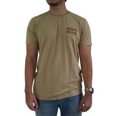 Camiseta Masculina Bison Hook Manga Curta Caqui Logo Estampado Vermelho Frente E Costas