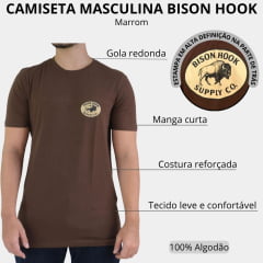 Camiseta Masculina Bison Hook Manga Curta Marrom Logo Estampado Creme Frente E Costas