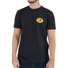 Camiseta Masculina Bison Hook Manga Curta Preto Logo Estampado Amarelo Frente E Costas