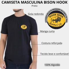 Camiseta Masculina Bison Hook Manga Curta Preto Logo Estampado Amarelo Frente E Costas