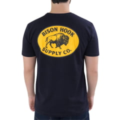 Camiseta Masculina Bison Hook Manga Curta Preto Logo Estampado Amarelo Frente E Costas