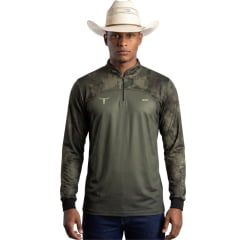 Camiseta Masculina BRK Agro Camuflada Verde Long Horn UV50+ Manga Longa Com Ziper Na Gola REF:C01850