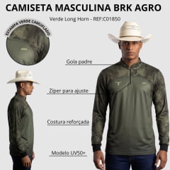 Camiseta Masculina BRK Agro Camuflada Verde Long Horn UV50+ Manga Longa Com Ziper Na Gola REF:C01850
