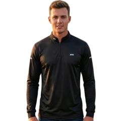 Camiseta Masculina BRK Básica Preta Com UV50+ Manga Longa Logo Estampado Zíper Na Gola REF:C01023