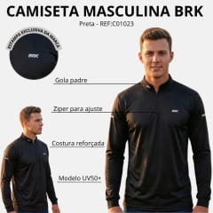 Camiseta Masculina BRK Básica Preta Com UV50+ Manga Longa Logo Estampado Zíper Na Gola REF:C01023