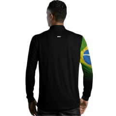 Camiseta Masculina BRK Preto UV50+ Manga Longa Estampa Bandeira Brasil Na Manga Zíper Na Gola REF:C01794