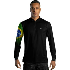 Camiseta Masculina BRK Preto UV50+ Manga Longa Estampa Bandeira Brasil Na Manga Zíper Na Gola REF:C01794