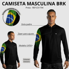 Camiseta Masculina BRK Preto UV50+ Manga Longa Estampa Bandeira Brasil Na Manga Zíper Na Gola REF:C01794