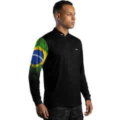 Camiseta Masculina BRK Preto UV50+ Manga Longa Estampa Bandeira Brasil Na Manga Zíper Na Gola REF:C01794