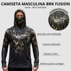 Camiseta Masculina BRK Fusion Hunter Verde Capuz E Proteção UV50+ Manga Longa Gola Alta REF:FUSION58