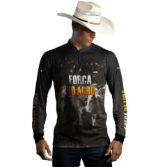 Camiseta Masculina BRK Manga Longa C/ Zíper Força Do Agro UV50+ Preta Desenhos De Vaca Ref:CO1627