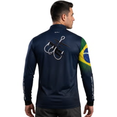 Camiseta Masculina BRK Pesca Azul Marinho Manga Longa UV50+ Bandeira Do Brasil Garateia Ziper REF:C02406