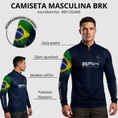 Camiseta Masculina BRK Pesca Azul Marinho Manga Longa UV50+ Bandeira Do Brasil Garateia Ziper REF:C02406