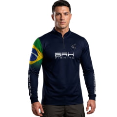 Camiseta Masculina BRK Pesca Azul Marinho Manga Longa UV50+ Bandeira Do Brasil Garateia Ziper REF:C02406