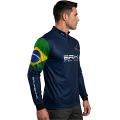 Camiseta Masculina BRK Pesca Azul Marinho Manga Longa UV50+ Bandeira Do Brasil Garateia Ziper REF:C02406