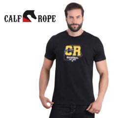 Camiseta Masculina Calf Rope Jeans Manga Curta Preta Com Estampa C. R. Amarelo Ref: 418A